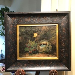 Still life with butterfly, eggs nest, wildflowers oil painting on canvas.